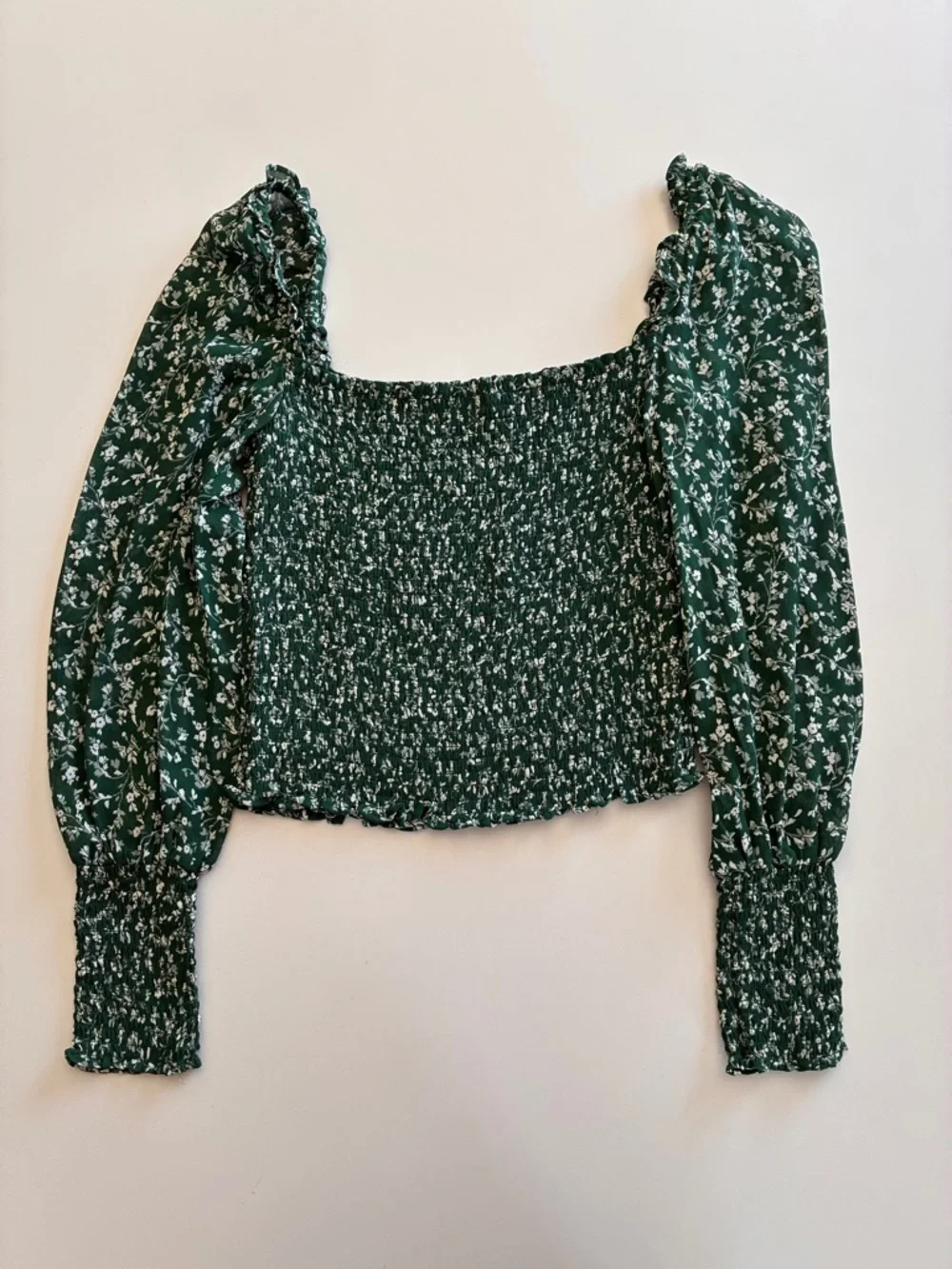 Reformation-Pinto Top-Green-Floral-Cottage-Puff Sleeve-Smocked-Feminine-S